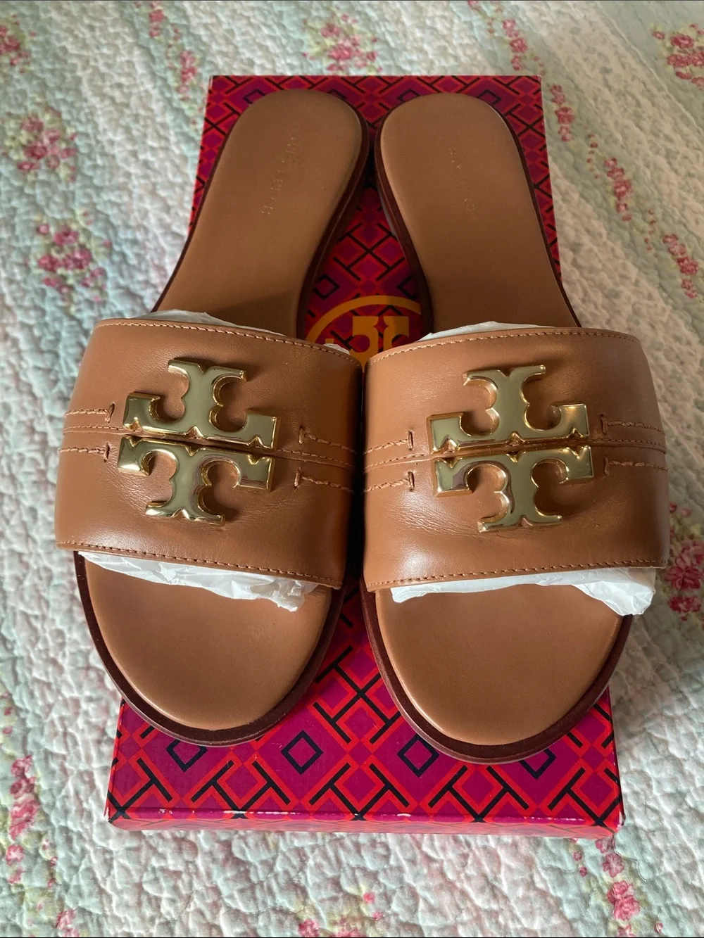 Tory Burch Cognac Leather Slide Sandals with Gold Logo